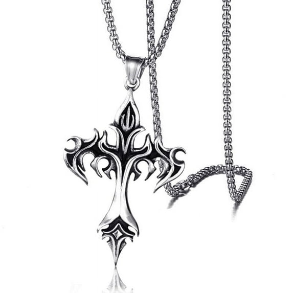 1PC Cross Flame Pendant Punk Style Stainless Steel Necklace, Sweater Chain Jewelry Gifts For Men And Women
