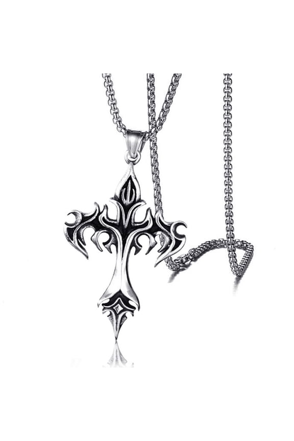 1PC Cross Flame Pendant Punk Style Stainless Steel Necklace, Sweater Chain Jewelry Gifts For Men And Women