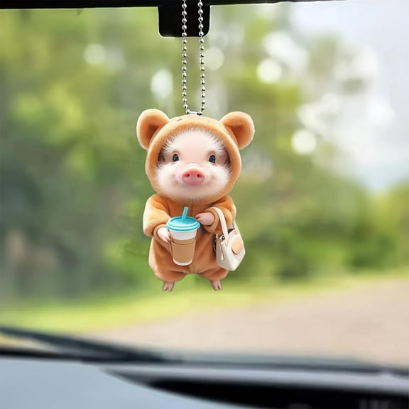 1PC Cute Car Mirror Hanging Accessories, DELESYS Funny Piggy Car Hanging Ornament, Acrylic Car Rear View Mirror Charms, Car Decoration Lucky Gifts Automotive Interior Ornament Pendant, 8x6x0.37cm