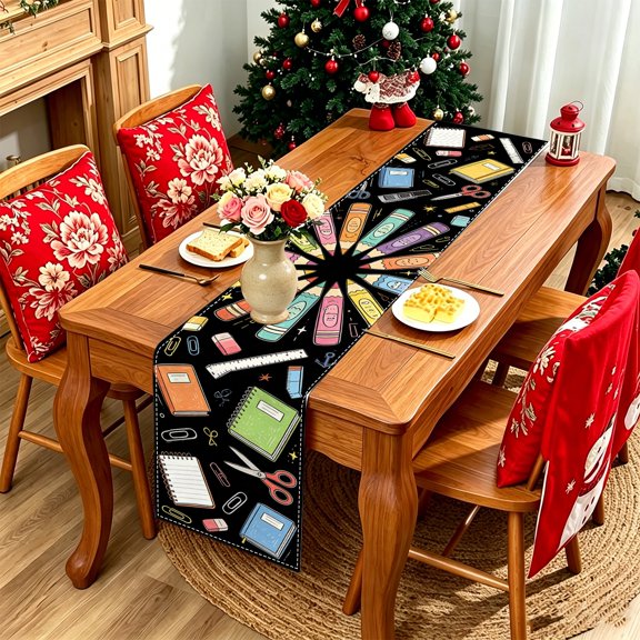 1PC Cute Cartoon Pencil Notebook Stationery 2D Flat Print Table Runner, Kitchen Patio Party Decor, Perfect Holiday Gift For Teachers Autumn Holidays