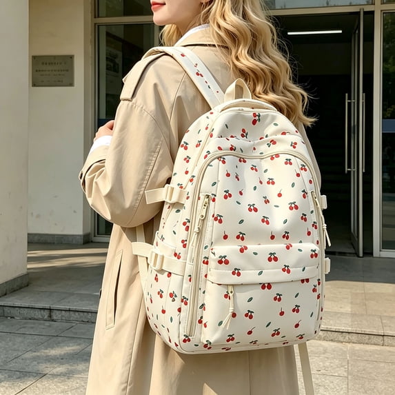 1PC Cute Cherry Backpack for Women, Large Capacity Bookbag with Bear Pendant & Laptop Compartment, Travel Daypack
