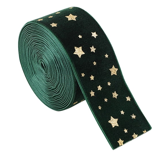 1PC Dark Green Star Christmas Velvet Ribbon, Hot Bow Printed Satin Wreath Decorative Ribbon for Holiday Gift Wrapping and DIY Crafts