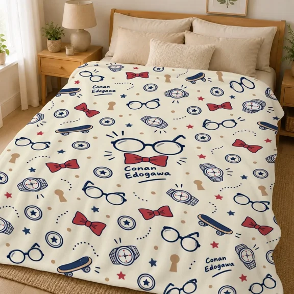 1PC Detective Conan Conan Edogawa Flannel Throw Blanket, Glasses Bow Tie Watch Skateboard Anime Blanket for Bed Sofa Fan Gift, Cartoon Printed Blanket