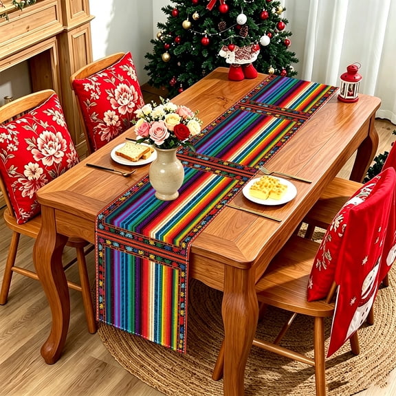 1PC Double Serape Striped Floral Border 2D Flat Print Table Runner, Kitchen Patio Cinco De Mayo Day of The Dead Fiesta Decor, Mexican Farm Holiday Table Centerpiece