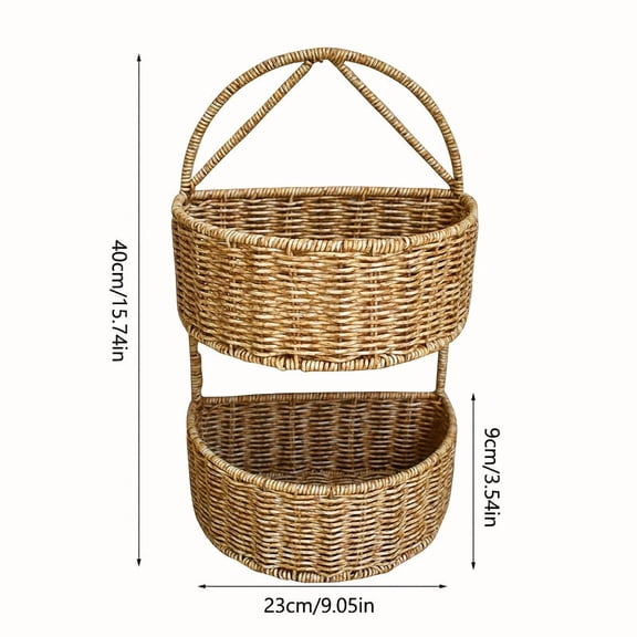 1PC Double Tier Natural Rattan Wall Storage Basket, Rustic Hanging Woven Shelf Organizer for Home Decor Enthusiasts, Space Saving Wall Mounted Basket for Bathroom Kitchen Bedroom Storage