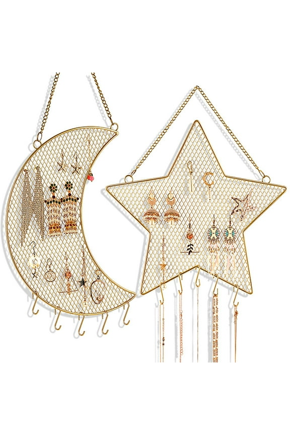 1PC Earring Wall Holder Hanging Jewelry Storage Organizer, Metal Grid Star and Moon Shape Jewelry Rack, Gift for Ladies and Girls