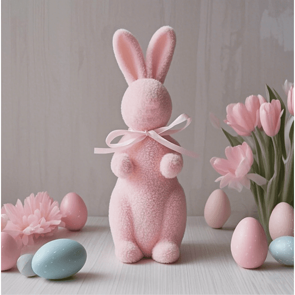 1PC Easter Flocked Bunnies Figurine with Bow tie, Pastel Flocking Rabbit Tabletop Ornament for Easter Centerpieces for Spring Home Office Table Decor, Party Supplies Gifts for Friends