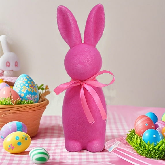 1PC Easter Flocked Bunnies Figurine with Bow tie, Pastel Flocking Rabbit Tabletop Ornament for Easter Centerpieces for Spring Home Office Table Decor, Party Supplies Gifts for Friends