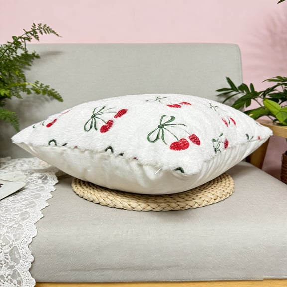 1PC Embroidered Throw Pillow Cover Pillowcase Soft Plush Strawberry Cherry Decorative Cushion Case with Hidden Zipper for Couch, Sofa, Living Room Decor, 17.7x17.7 Inches