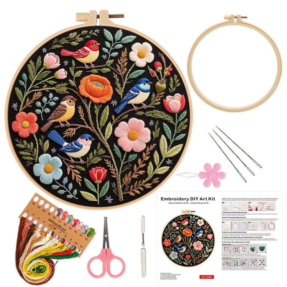 1PC Embroidery Kit for Beginners, Birds with Flowers Cross Stitch Set for Include Embroidery Cloth Hoops Threads for Craft Lover Hand Stitch