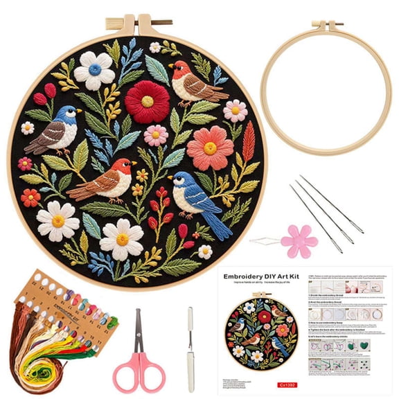 1PC Embroidery Kit for Beginners, Birds with Flowers Cross Stitch Set for Include Embroidery Cloth Hoops Threads for Craft Lover Hand Stitch
