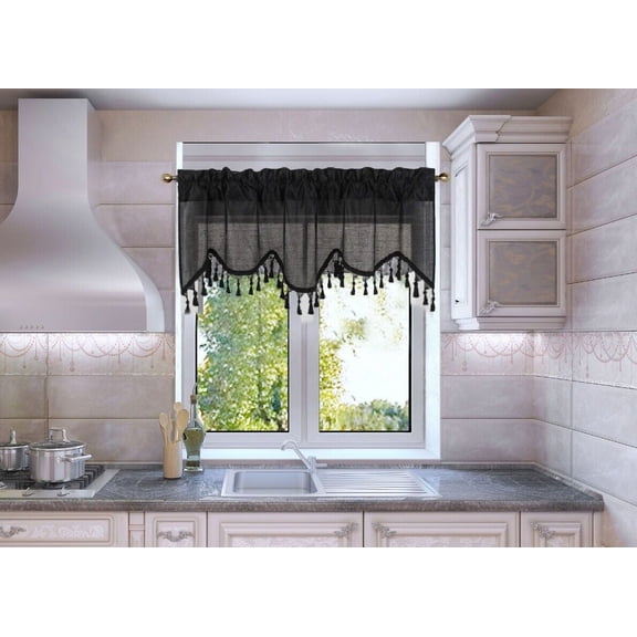 1PC FAUX SILK WATERFALL VALANCE SWAG WINDOW CURTAIN W/TASSEL TRIM CASCADING WAVE