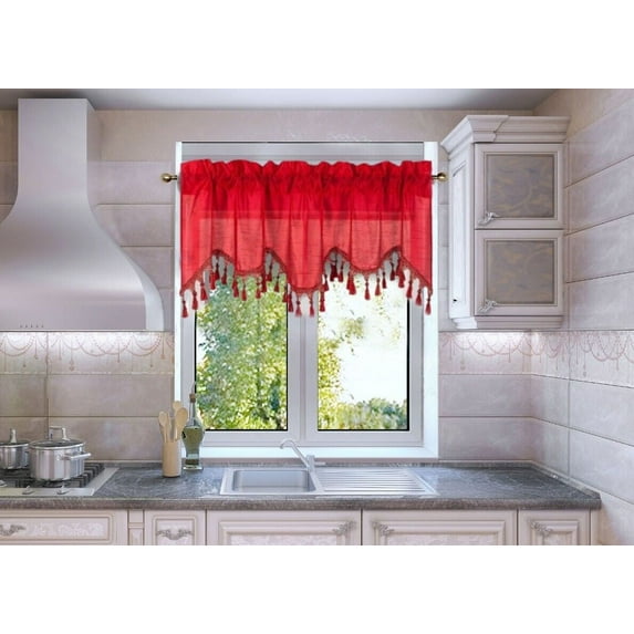 1PC FAUX SILK WATERFALL VALANCE SWAG WINDOW CURTAIN W/TASSEL TRIM CASCADING WAVE