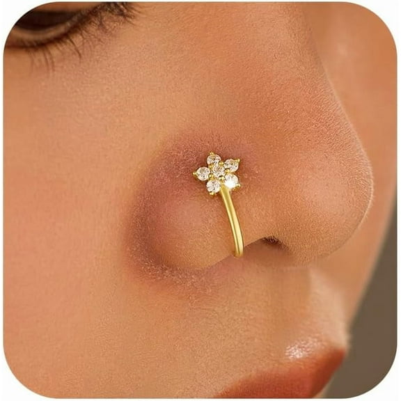 1PC Fake Nose Ring for Women Flower Leaf Cubic Zirconia U Shaped 14K Gold Plated Lucky Leaf Nose Cuffs Sparkling Non-Piercings Clip On Nose Hoop Body Wedding Halloween Jewelry Gift