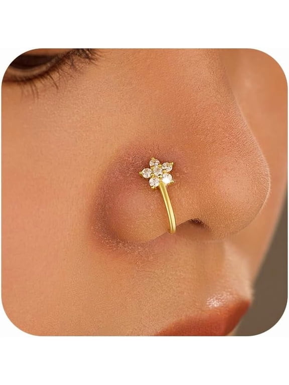 1PC Fake Nose Ring for Women Flower Leaf Cubic Zirconia U Shaped 14K Gold Plated Lucky Leaf Nose Cuffs Sparkling Non-Piercings Clip On Nose Hoop Body Wedding Halloween Jewelry Gift
