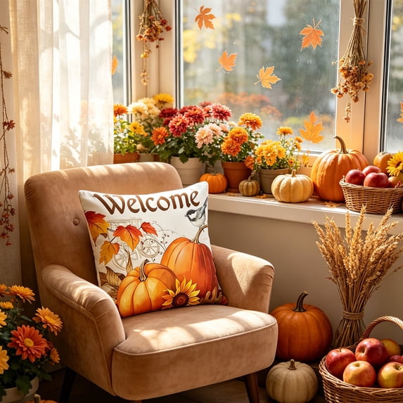 1PC Fall Harvest Pillow Cover, 18" Thanksgiving Throw Cushion Case with Pumpkin & Floral Patterns, Rustic Autumn Home Decor for Couch & Sofa (Inserts Not Included)