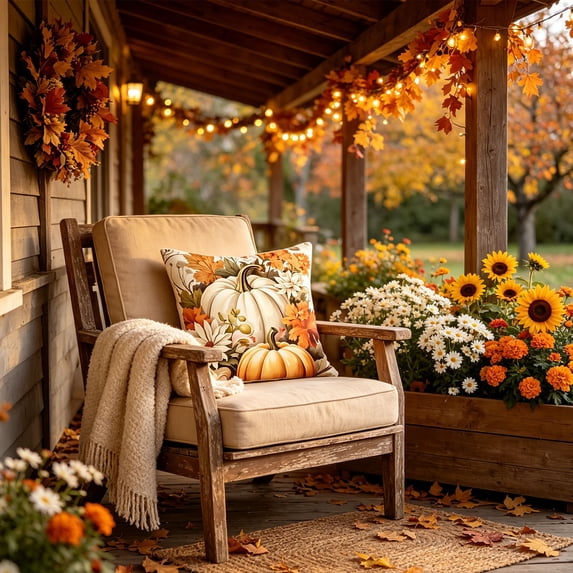 1PC Fall Harvest Pillow Cover, 18" Thanksgiving Throw Cushion Case with Pumpkin & Floral Patterns, Rustic Autumn Home Decor for Couch & Sofa (Inserts Not Included)