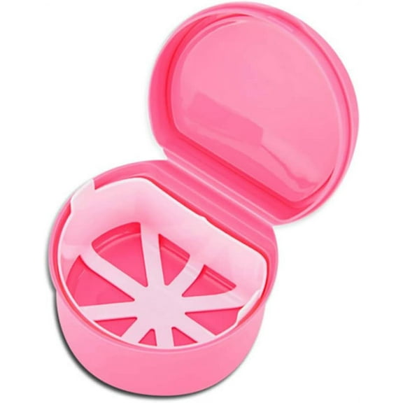 1PC False Tooth Retainer Case,Denture Box,Teeth Holder Denture Box Leakproof Storage Case Container with Strainer for Travel Cleaning Or Overnight Soaking(Pink)