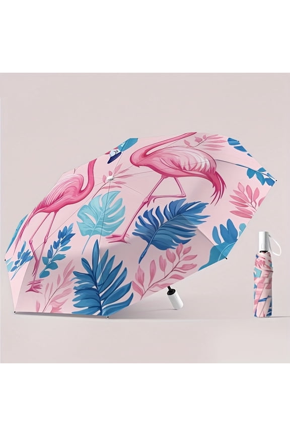 1PC Flamingo Printed Automatic Umbrella with 8 Fiber Frame Durable Umbrella Sunscreen and UV Protection Sunshade Umbrella for Men and Women Suitable for Festival Gifts,