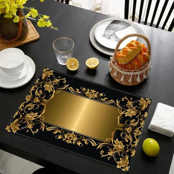 1PC Flax Placemats, 17x13in Elegant Black Gold Patterned, Washable Heat Resistant Place Mats for Dining Table, Home Hotel Kitchen Decor