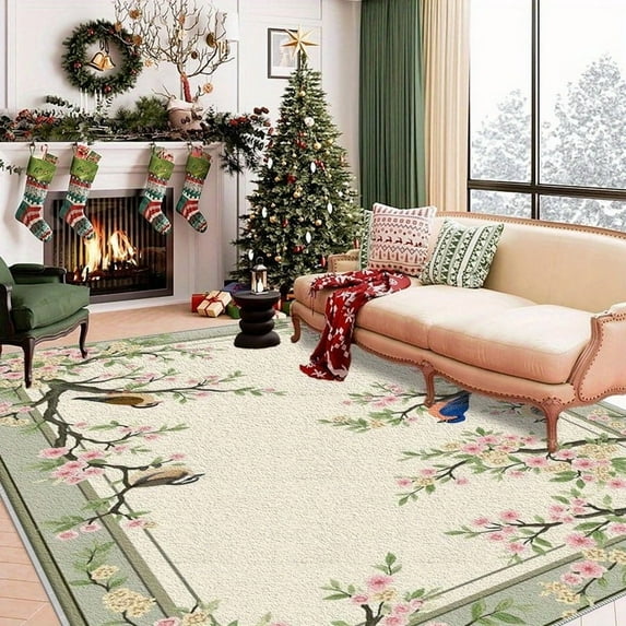 1PC Floral and Bird Pattern Area Rug Local Carpet, Lightweight Washable Easy-to-Tidy Carpet Mat Festival Gift, Suitable for Living Room, Bedroom, Office, Dining Room, Balcony, Room Accessories