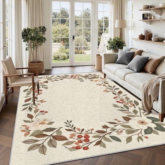 1PC Floral Border Area Rug Local Carpet, Lightweight Washable Easy-to-Manage Carpet Mat Festival Gift, Suitable for Living Room, Bedroom, Dining Room, Office, Balcony, Room Accessones