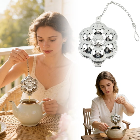 1PC Flower Shaped Stainless Steel Tea Infuser with Hanging Chain, Reusable Loose Leaf Tea Strainer, Elegant Brew Helper for Teapots, Mugs & Kettles