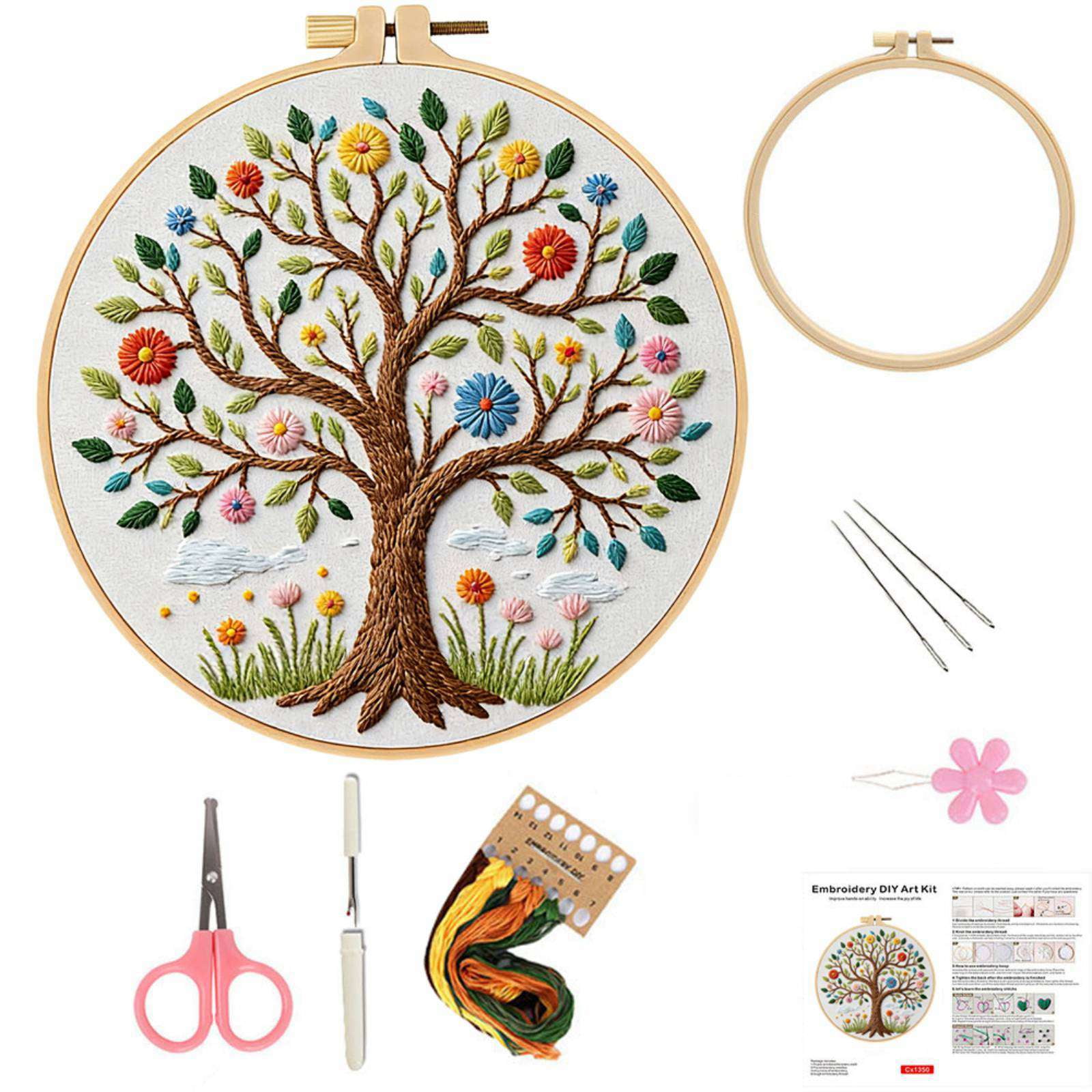 1PC Flowers Embroidery Kits for Beginners Adults, Butterfly Hand Embroidery Starter Kits, Floral Cross Stitch Kits for Beginner Needlepoint DIY Kits for Adult, Embroidery Hoops, Thread