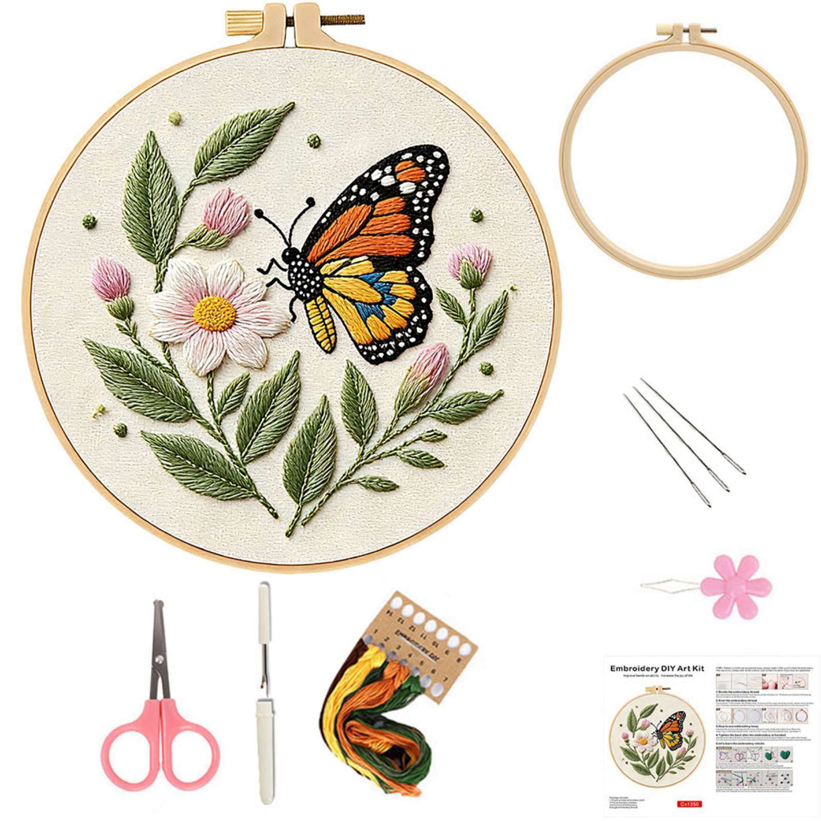 1PC Flowers Embroidery Kits for Beginners Adults, Butterfly Hand Embroidery Starter Kits, Floral Cross Stitch Kits for Beginner Needlepoint DIY Kits for Adult, Embroidery Hoops, Thread