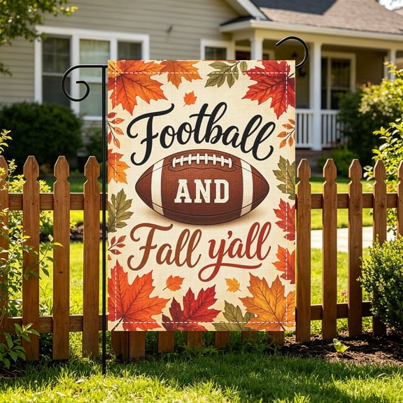 1PC Football Fall Y'all Maple Leaf Garden Flag, Double Sided 2D Printed, Patio Fall Festival Decor, Christmas Thanksgiving Gift, No Flagpole