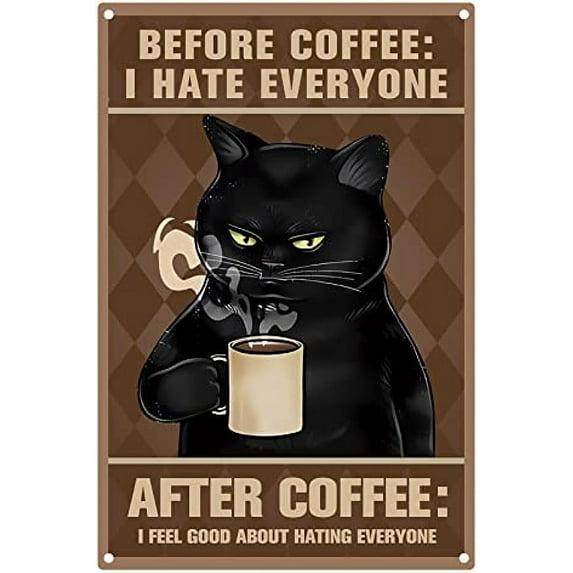 1PC Funny Vintage Black Cat Metal Tin Sign Hanging Wall Art Decor Coffee Quote