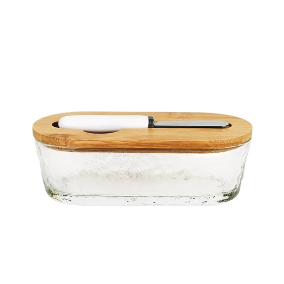 1PC Glass Butter Dish with Bamboo Lid & Spreader, Airtight Butter Keeper for Refrigerator & Countertop, Clear Butter Storage Container