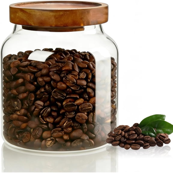 1PC Glass Storage Jars with Airtight Lids, 64 fl oz (1900ml) coffee container with Wooden Lid, Glass Pantry Canister for Beans, Rice, Sugar and etc