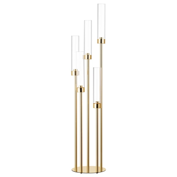 1PC Gold Floor Candelabra with 5 Arms, Tall Candle Holder with Acrylic Lampshade for Weddings & Parties, Fits LED Taper Candles