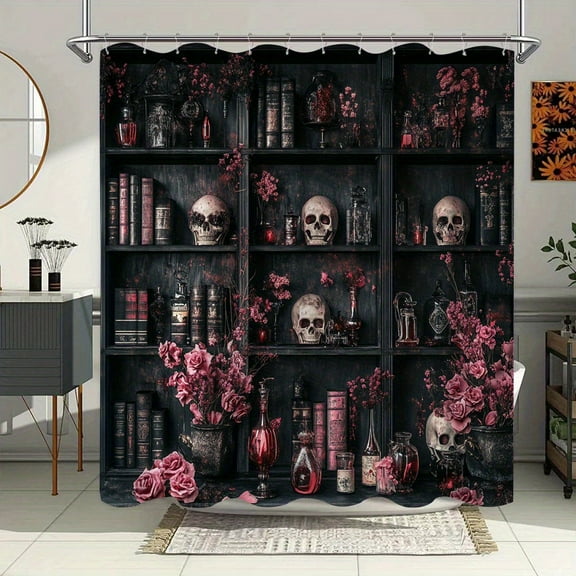 1PC Gothic Polyester Shower Curtain - Halloween Horror Atmosphere with Skulls, Books, Pink Roses & Leaves, 72x72 inch Polyester Fabric Bathroom Decor, 12 Hooks Included