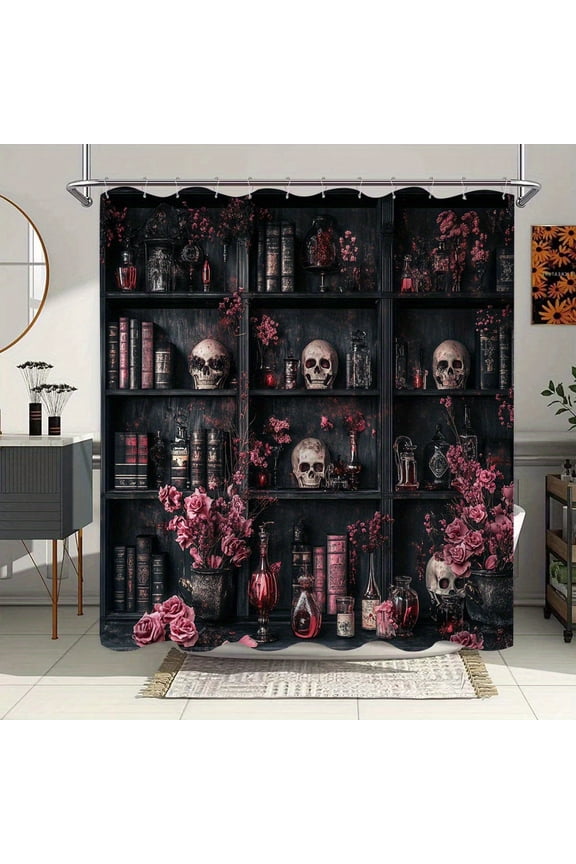 1PC Gothic Polyester Shower Curtain - Halloween Horror Atmosphere with Skulls, Books, Pink Roses & Leaves, 72x72 inch Polyester Fabric Bathroom Decor, 12 Hooks Included