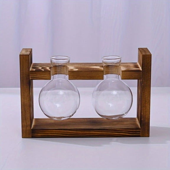 1PC Green Wooden Frame Hydroponic Flower Vase with Small Glass Bottle Container Pineapple Plant for Home Living Room Decor