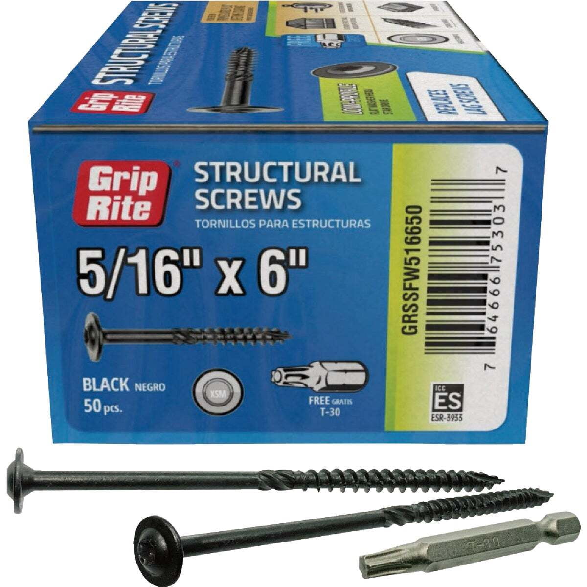 Grip-Rite GRSSFW516650 Grip-Rite PrimeGuard Plus 5/16 In. x 6 In. Flat Washer Head Structure Screw (50-Count) Black