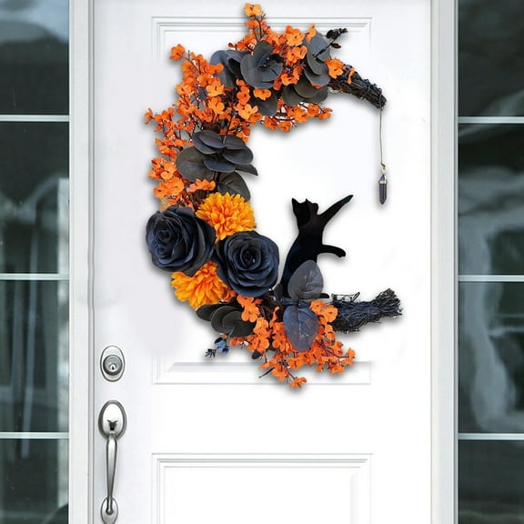1PC Halloween Moon Cat Wreath with Lights Flower Accent Door Wreath, Cat Lover Home Decor, Front Door/Halloween Party Decoration