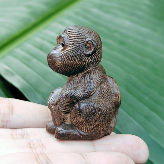 1PC Handcrafted Wooden Monkey Figurine, Sitting Pose with Expressive Eyes, Textured Wood Finish, Durable Indoor Outdoor Home Office Decor, Ideal Birthday Christmas Gift