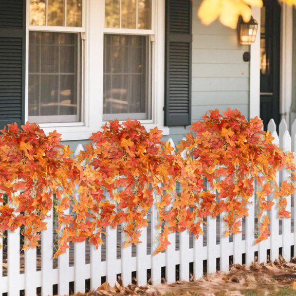 1PC Hanging Artificial Maple Leaves Bush, Fake Fall Maple Foliage Spray, UV Resistant Autumn Foliage Plant for Porch, Garden, Deck, Tabletop, Thanksgiving Home Decor