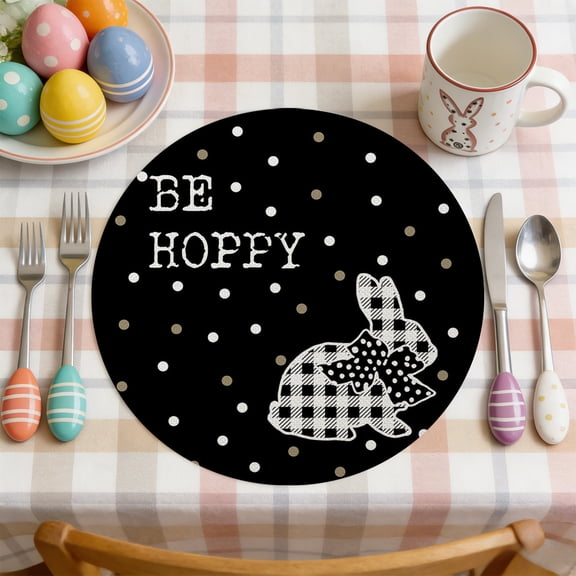 1PC Happy Easter Round Placemats, Easter Bunny and Easter Egg Patterns Placemats, 14 Inch Bunny Eggs Spring Round Table Mats for Party Kitchen Dining Decoration (A)