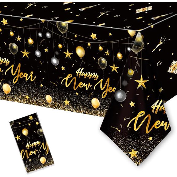 1PC Happy New Year Tablecloth - Disposable Black Gold NYE Theme Party Supplies - Rectangular Plastic Table Cover, 108 x 54'