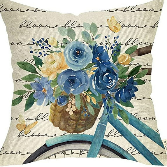 1PC Happy Spring Blue Flower Gnome Decorative Throw Pillow Cover 18 x 18 inch, Floral Buffalo Plaid Mason Jar Porch Outdoor Home Decor, Seasonal Farmhouse Couch Cushion Case