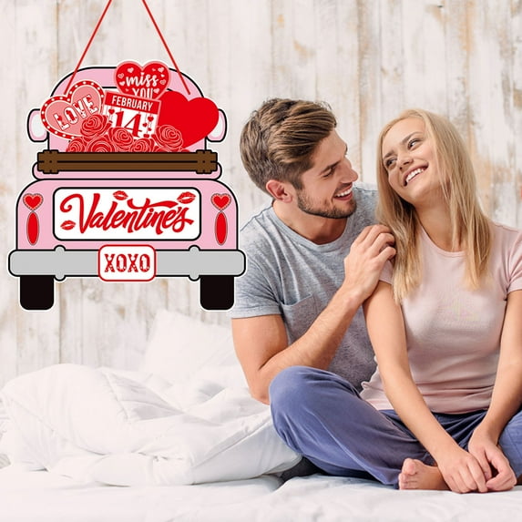 1PC Happy Valentine's Day Wooden Door Hanging Sign, Welcome Sign with Heart Shaped Porch Home Farmhouse Valentines Front Door Outside Home Wall Decor