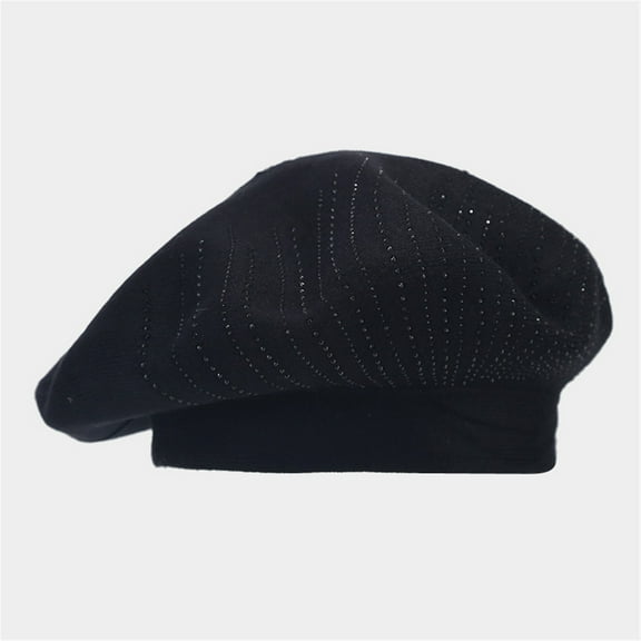 1PC Hat Black Polyester Women's Solid Color Vintage Knit Beret Fall/Winter Hot Drill Warm Wool Beret