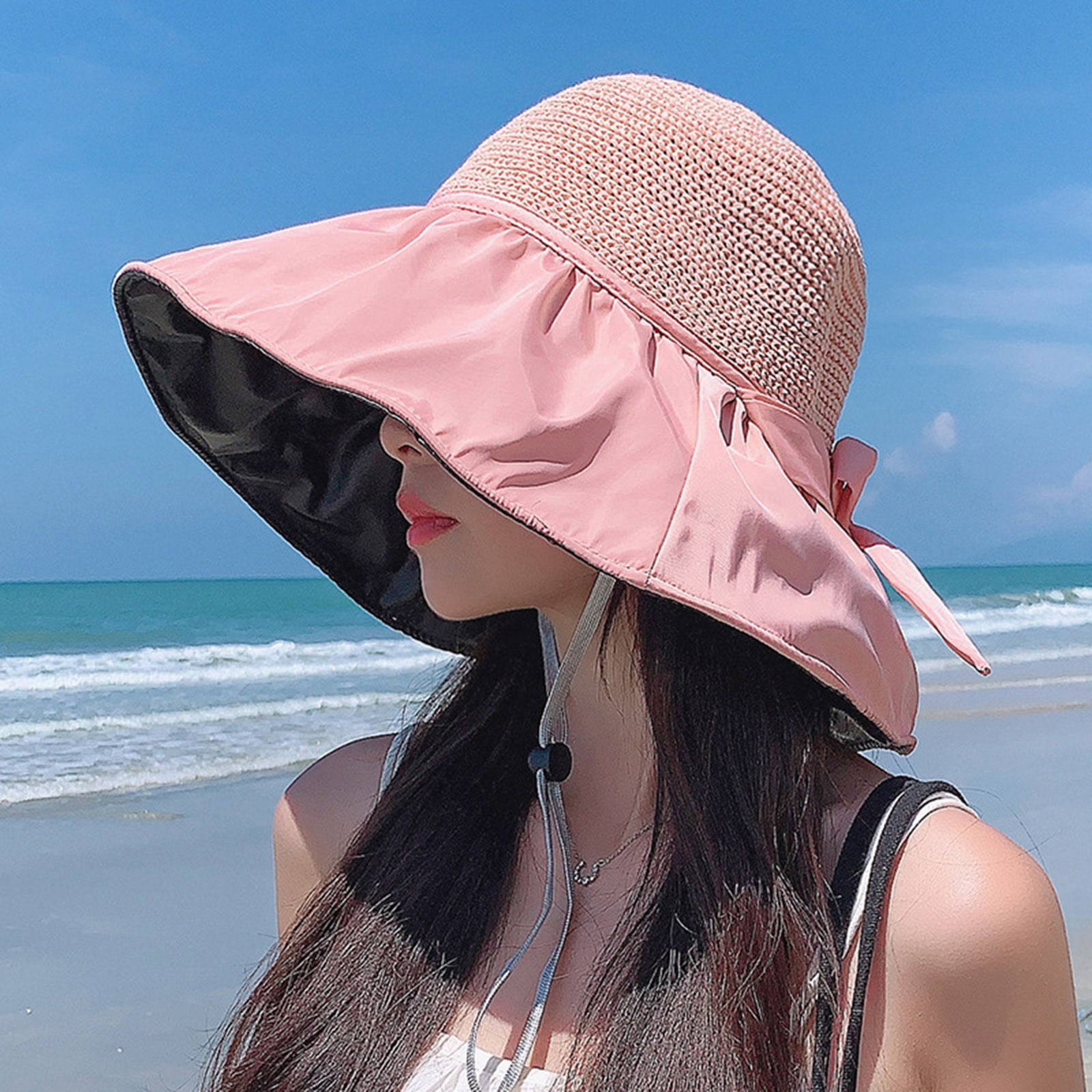 1PC Hat Pink Polyester Women's Sun Hat UPF 50+ UV Protection Hat Black