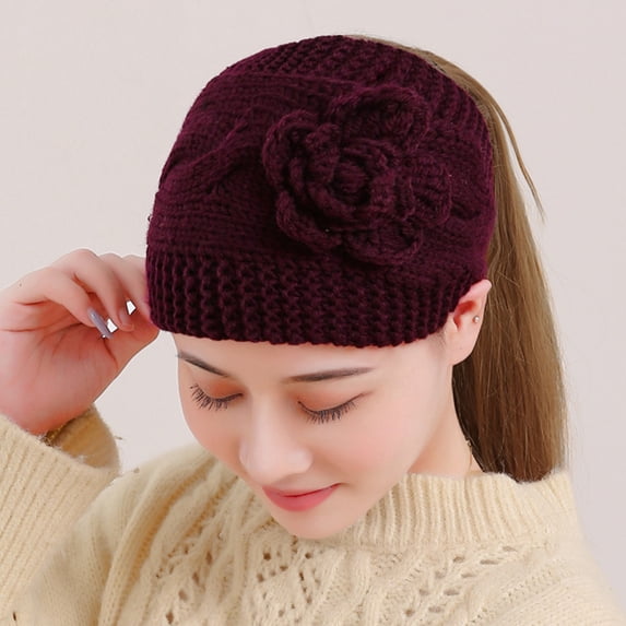 1PC Hat Purple Polyester Autumn And Winter Warm Knitted Yarn Headband Hat Flower Headband Headdress Covered HeadBand