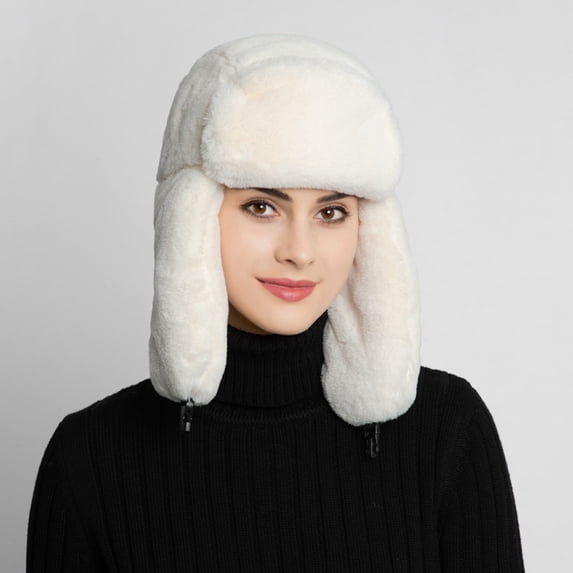 1PC Hat White Polyester Ladies Winter Plush Fake Thick Hat Ear Protectors Warm Plush Hat