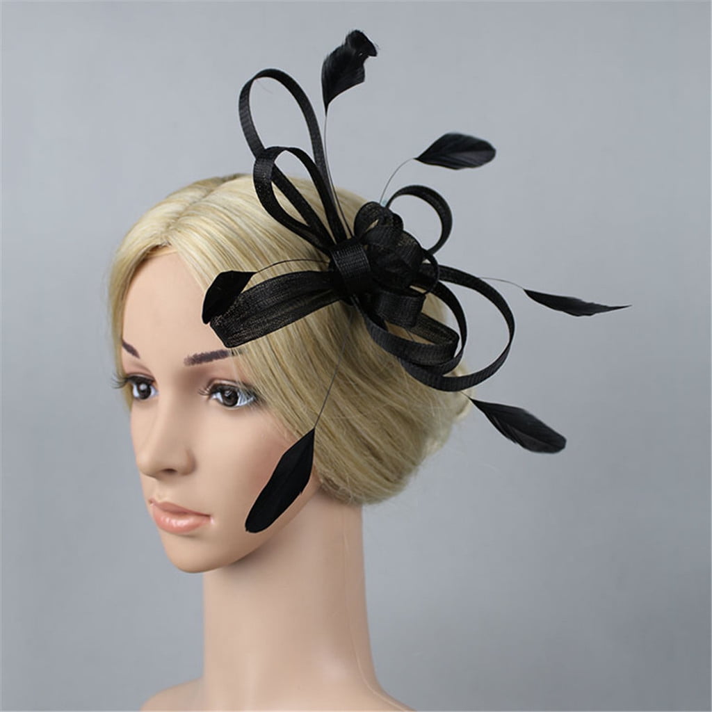 1PC Headband Black Polyester Fascinators Hat Flower Mesh Ribbons Feathers on a Headband Tea